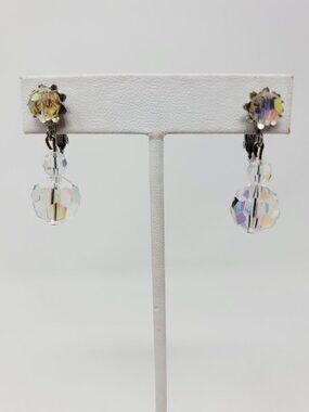 Aurora Borealis Crystal Dangle Clip On Earrings Silver Tone Vintage Sparkle